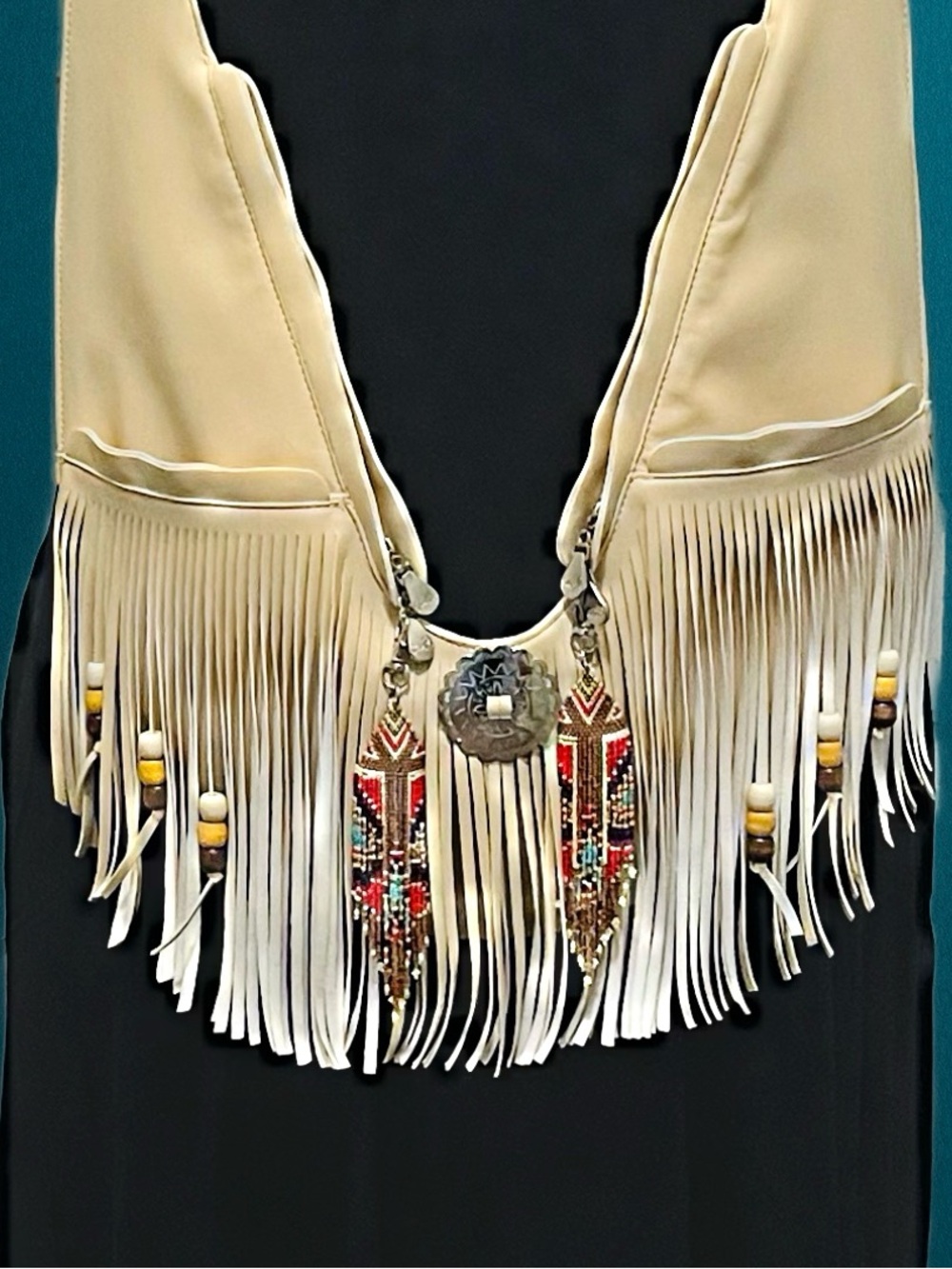 Sash Bag Vegan Leather Tan Fringed Crossbody Bag with Embellishments - Picture 8 of 16